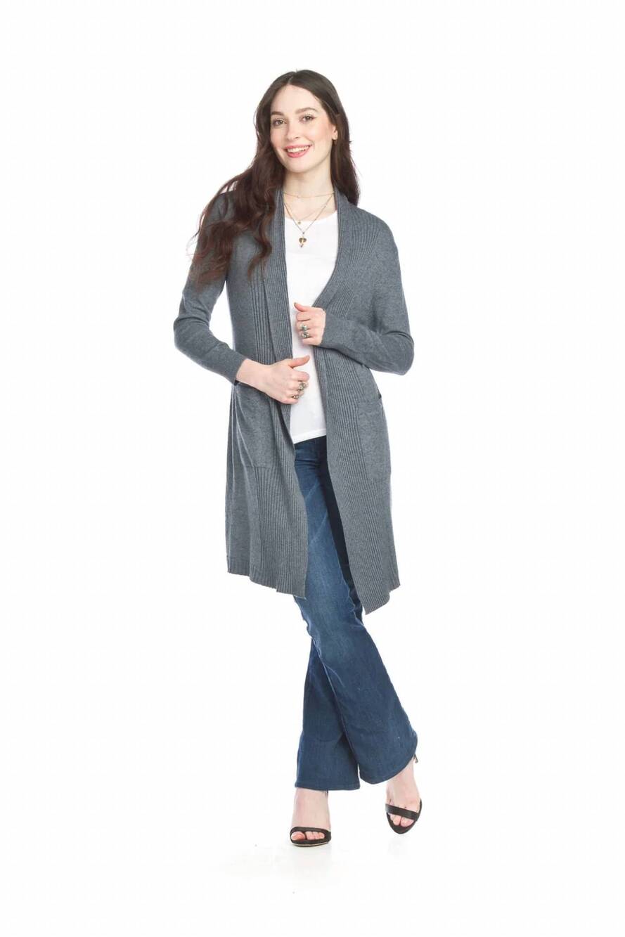 NEW PAPILLON ribbed pointelle cardigan with pockets in charcoal